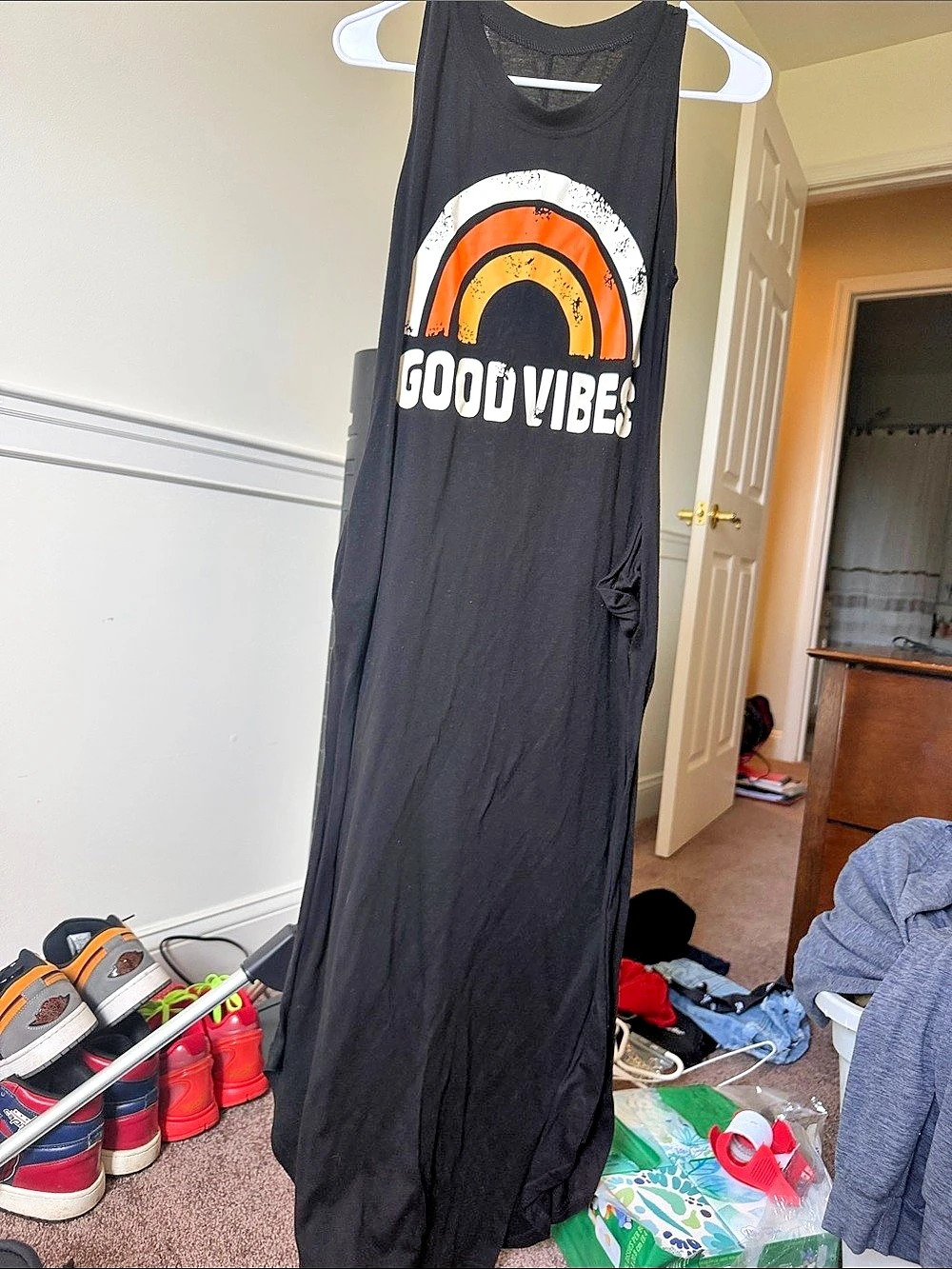 Good Vibes Graphic Maxi Dress in Black & Orange size small